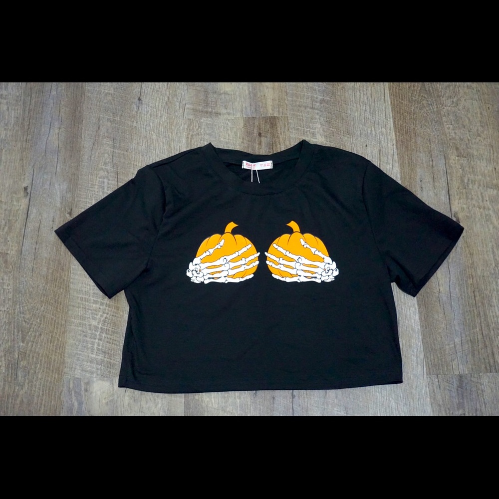 Romwe crop top. Black, orange, and white